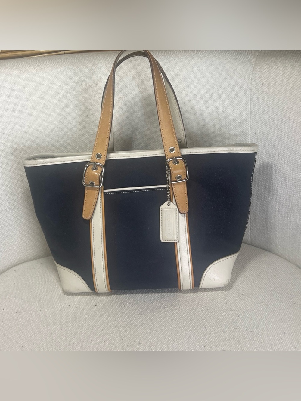 Coach Navy, White & Tan Leather Tote